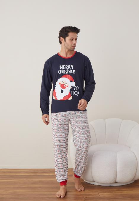 Pijama barbati Craciun " MERRY CHRISMAS" maneca lunga ,pantaloni lungi,Culoare Bleumarin, Engros